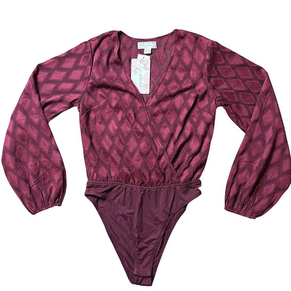 Band of the Free Merlot Jacquard Diamond Long Sleeve Sheer Bodysuit Sz Med